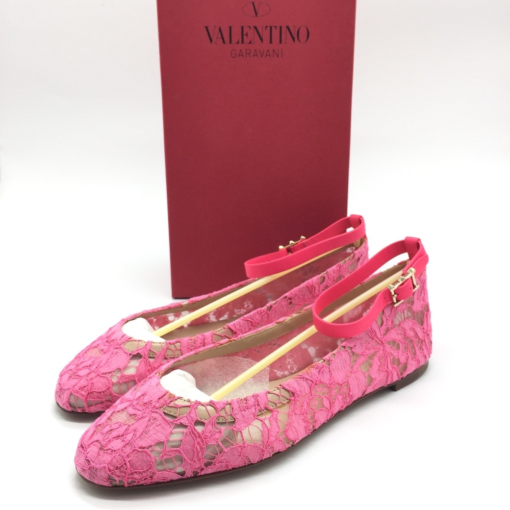 NIB Valentino Garavani Lace Ankle Strap Flats in Pink Size 38